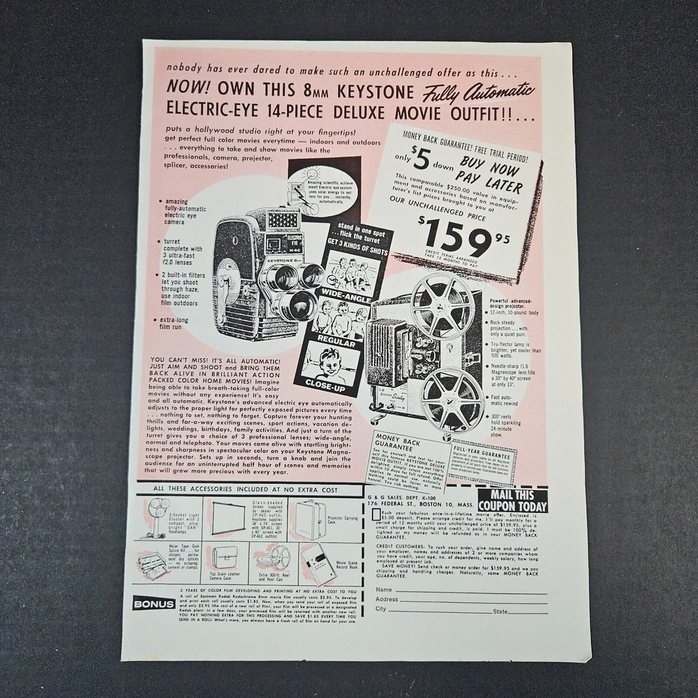 1962 G&G Sales Movie Camera & Projector Vintage Print Ad Keystone Deluxe Outfit